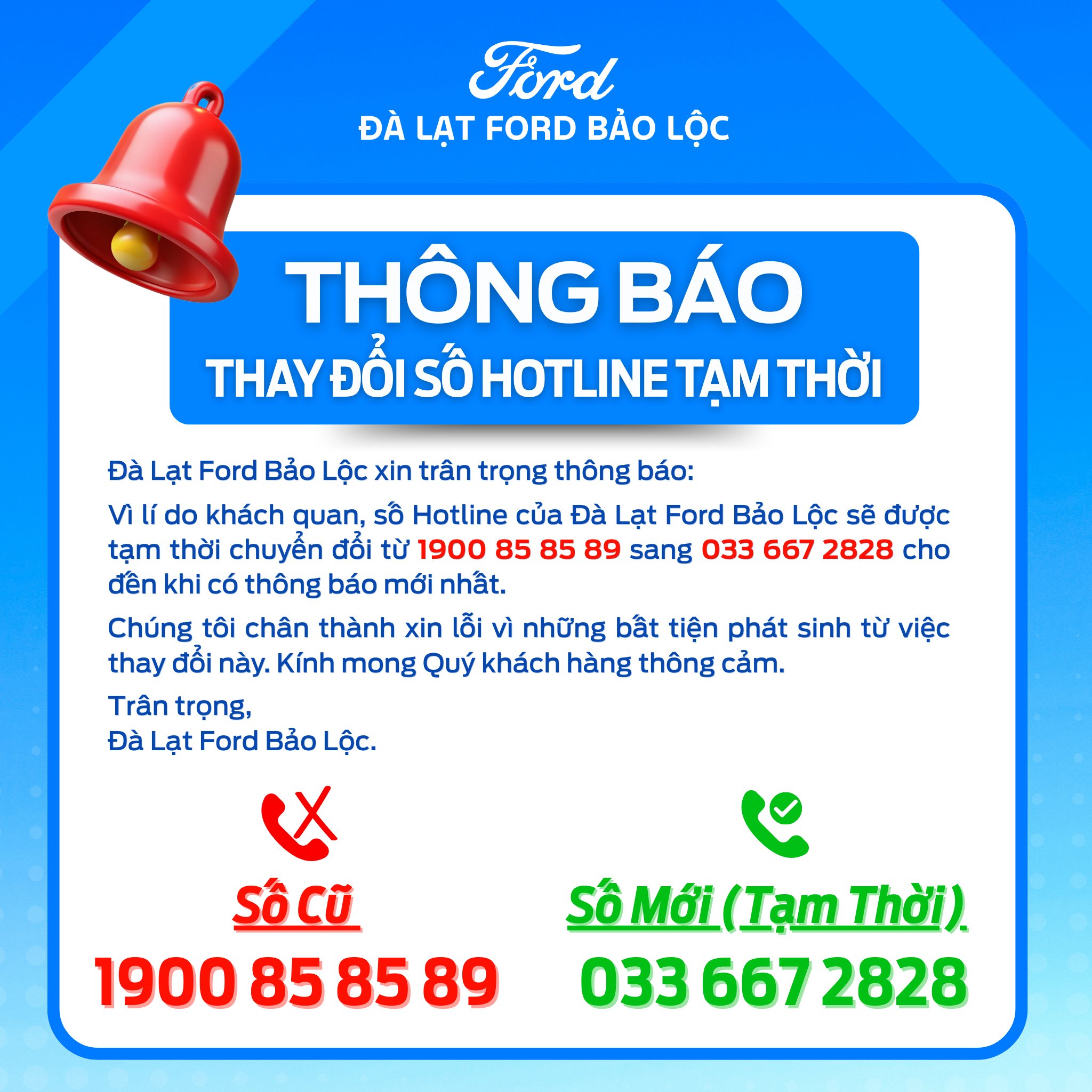 629855701 122162625818908213 8882469903060721644 n Thông báo thay đổi Hotline tạm thời